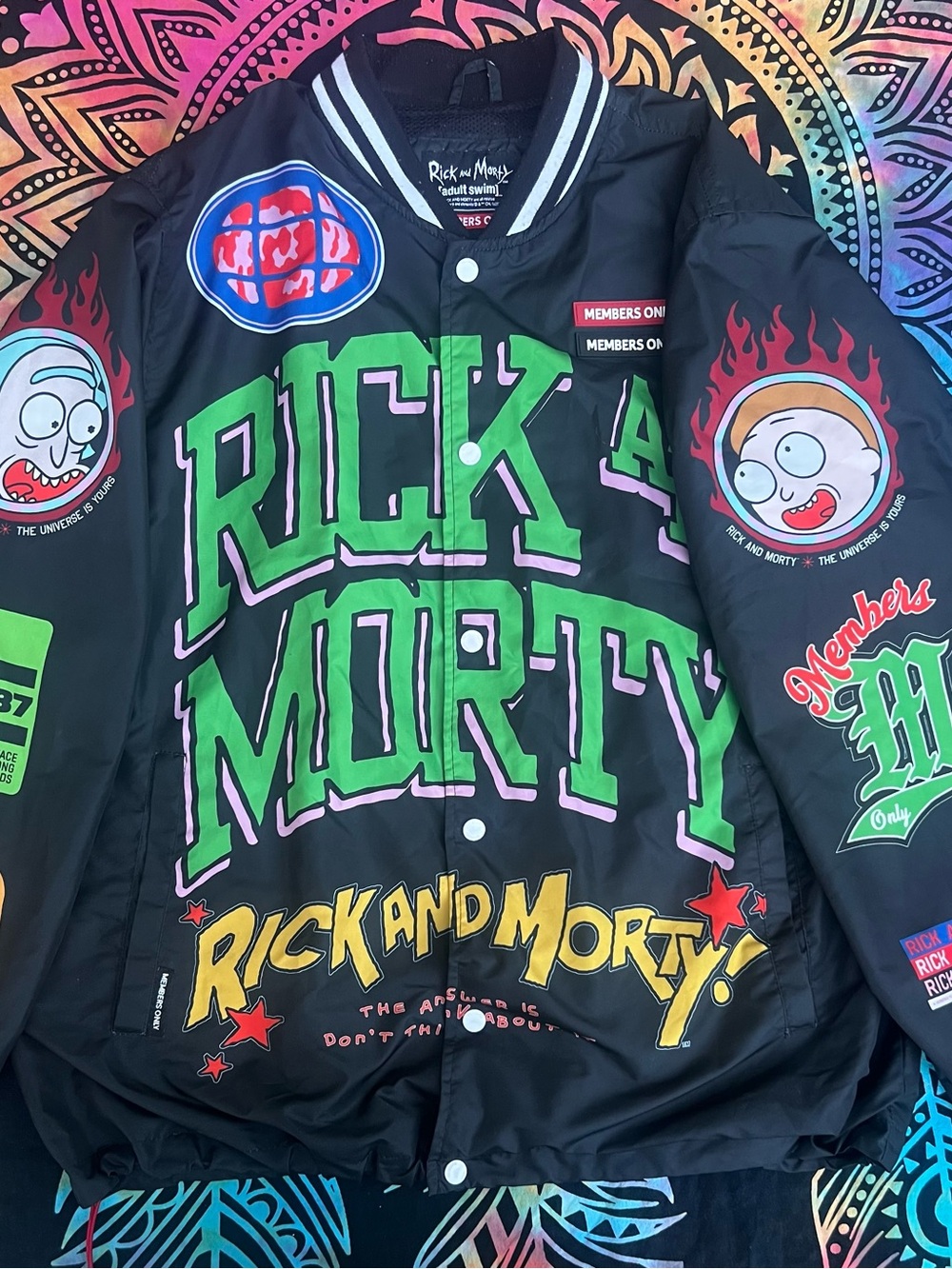 Members Only Black Bomber Jacket with Green, Yellow & Pink Graphics